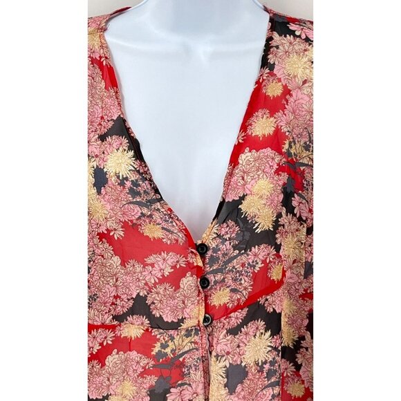 Say What? Sheer Floral Duster Floral Red Black Pink, Ruffle Sleeve Size S/M - Picture 3 of 12